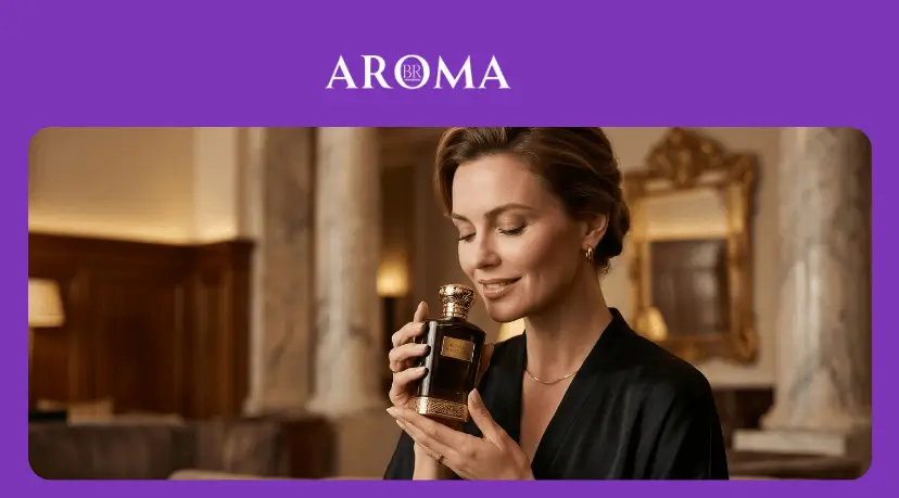 Mulher elegante segurando frasco de perfume sofisticado em ambiente clássico iluminado