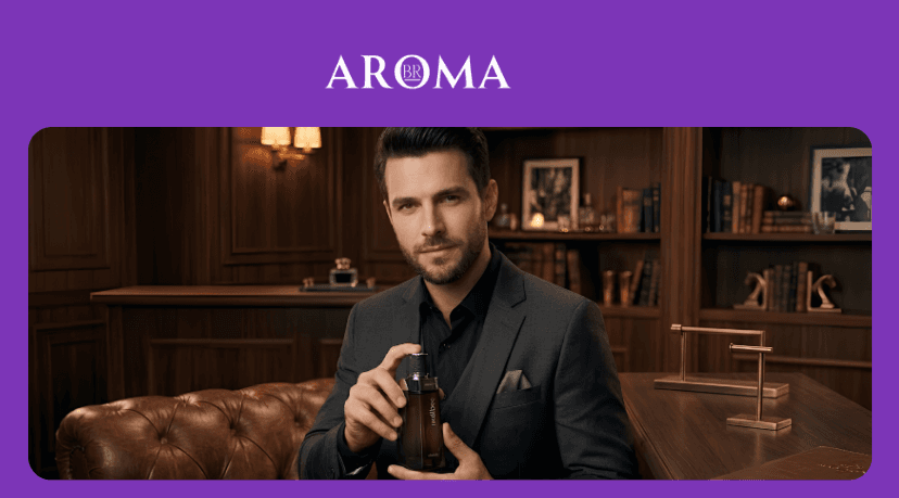 Homem elegante segurando perfume Malbec boticário em ambiente sofisticado estilo escritório clássico